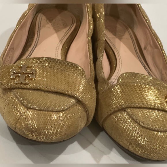 Tory Burch Leila Gold leather Shimmer Loafers Size 7.5 - Picture 7 of 11